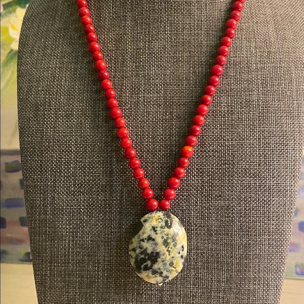 Red Coral/Yellow Turquoise Necklace - Picture 2 of 6